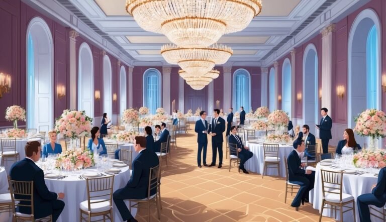 Elegant banquet hall with tables, guests, chandeliers, and floral centerpieces