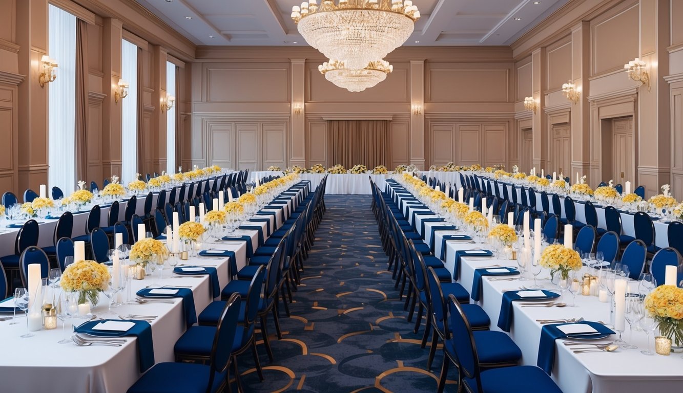 A grand banquet hall with long tables set for a wedding reception, adorned with elegant centerpieces and place settings for a large guest list