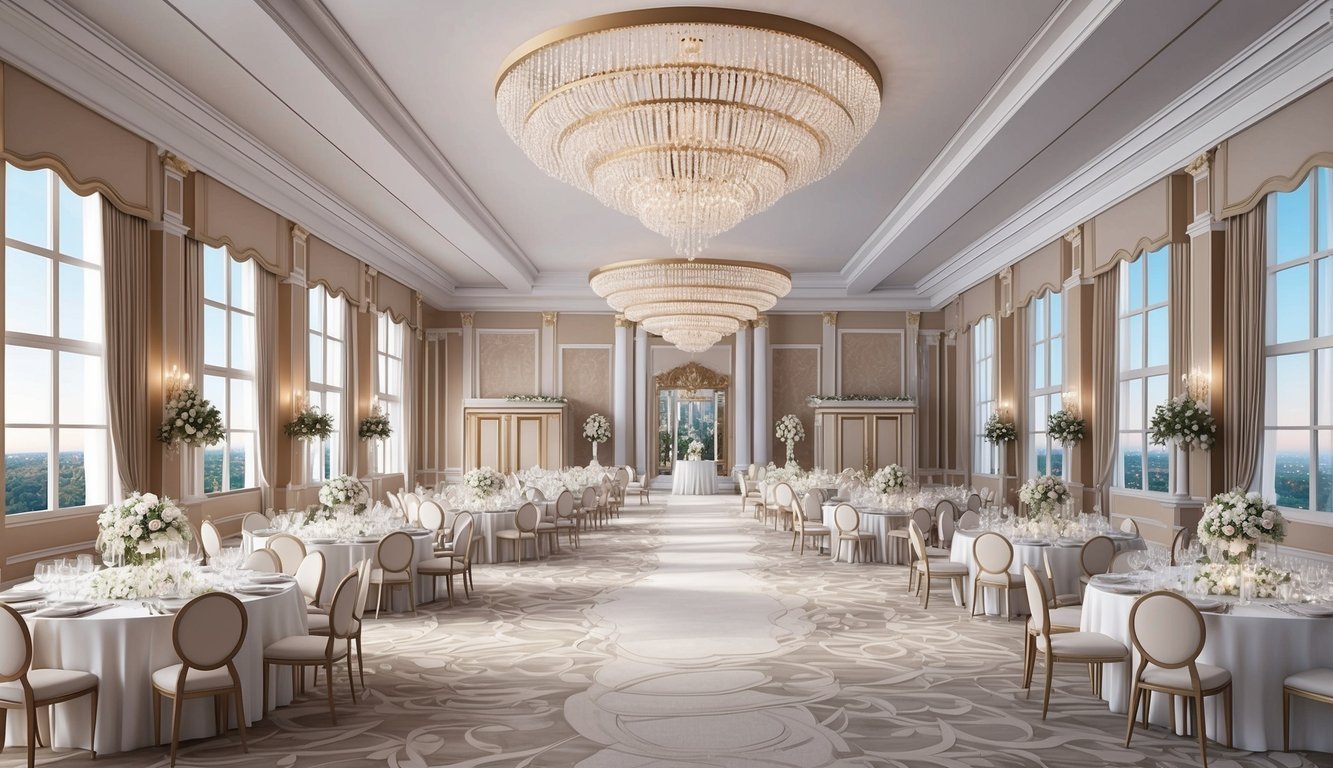 A grand wedding venue with a spacious layout, elegant decor, and a large seating capacity