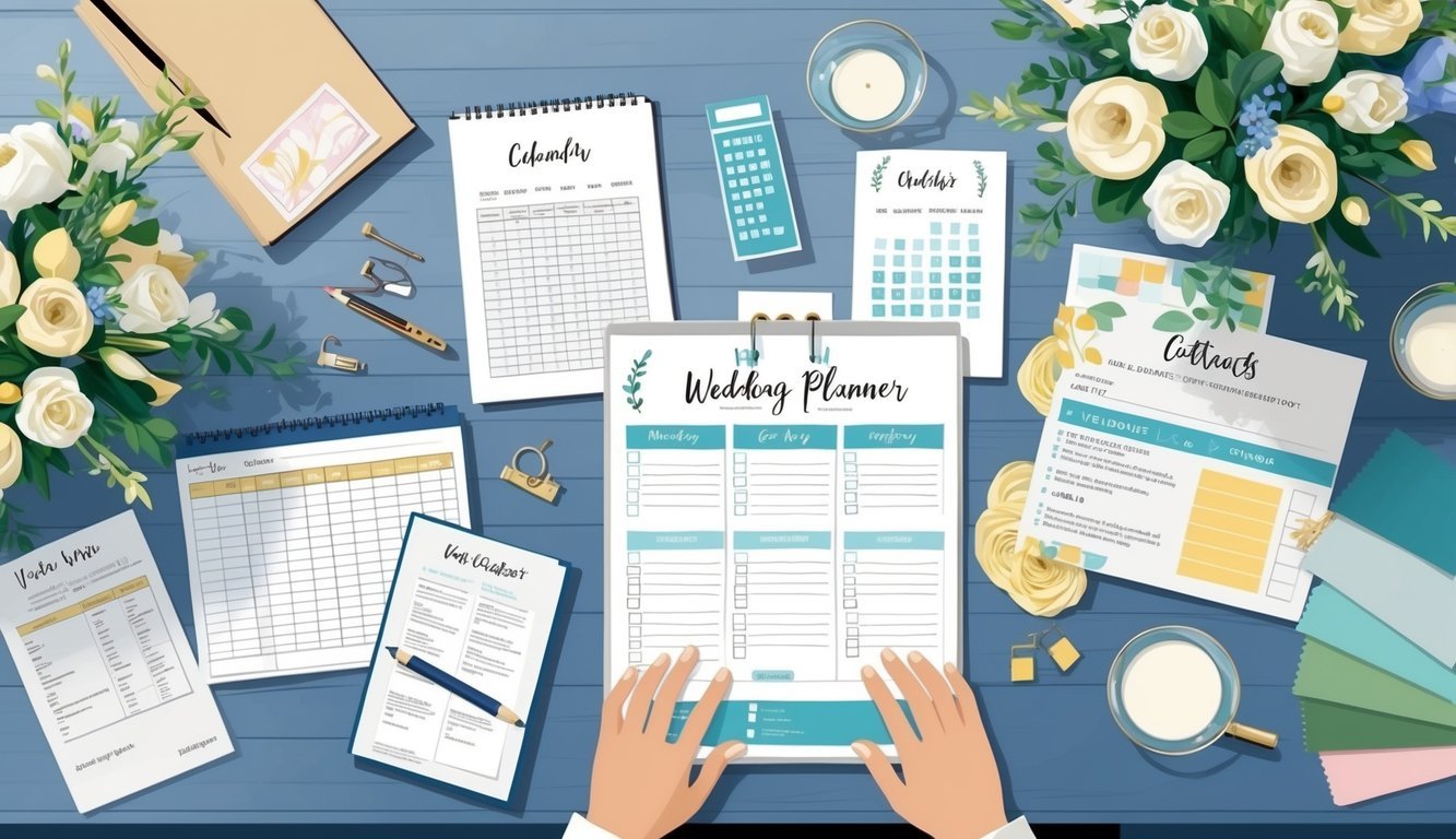 A busy wedding planner's desk with a calendar, checklist, and vendor contracts spread out, surrounded by floral arrangements and fabric swatches