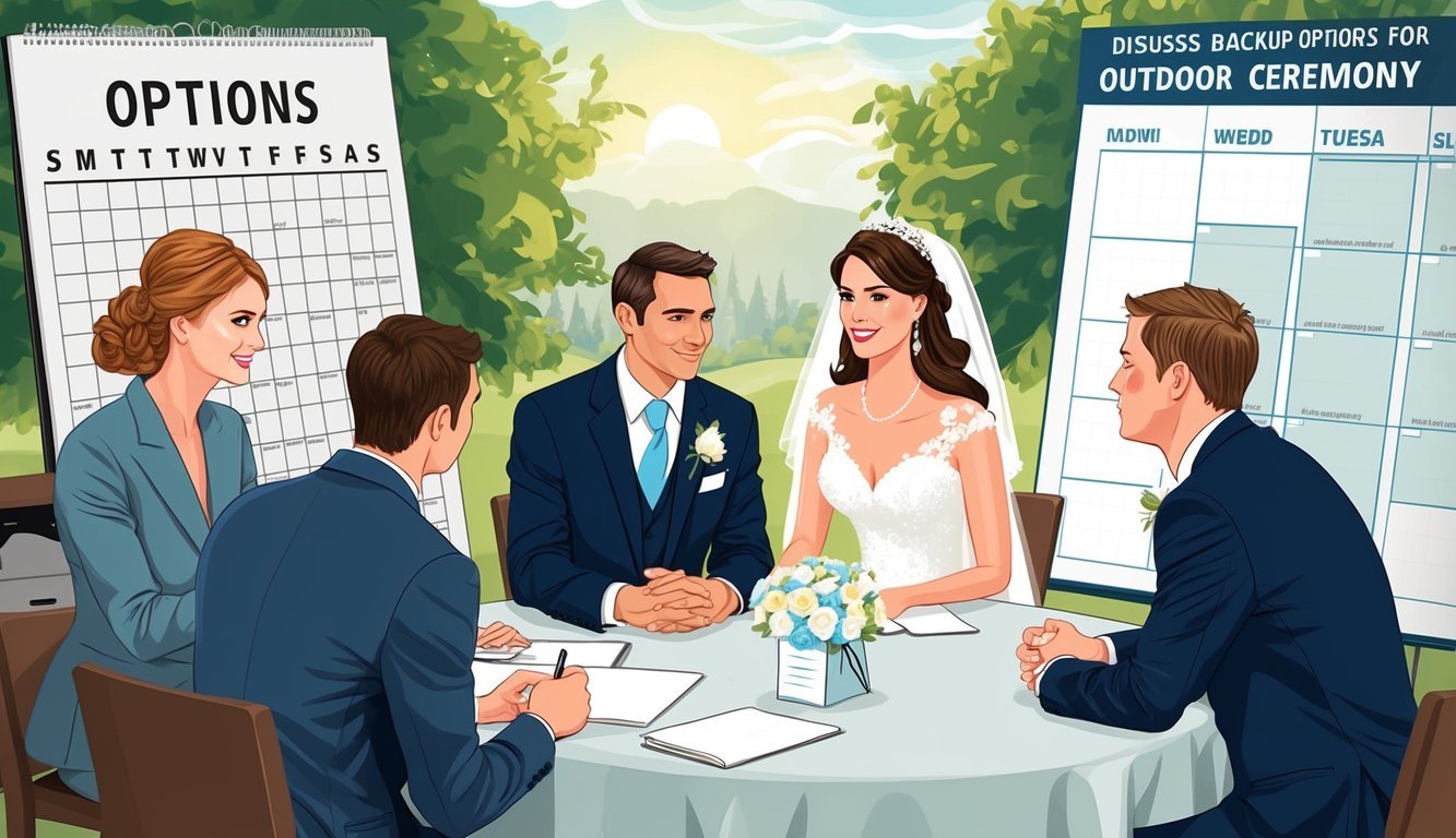 A bride and groom sit at a table, surrounded by wedding planners and a large calendar.</p><p>They discuss backup options for their outdoor ceremony