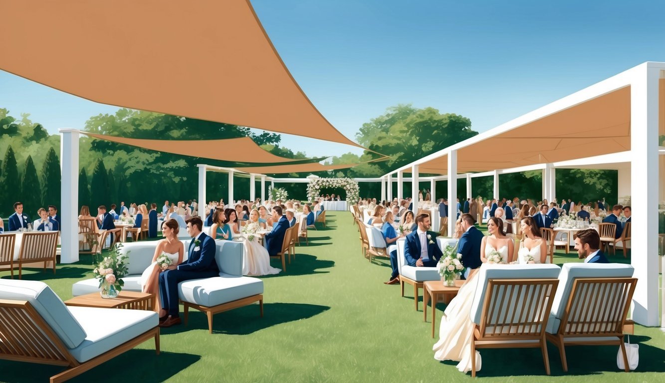 A grand outdoor wedding reception with ample seating, shaded areas, and comfortable lounge furniture for guests to relax and enjoy the celebration