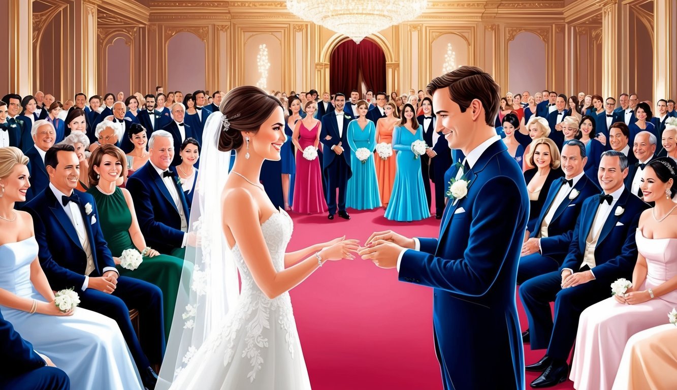 A bride and groom exchanging rings, surrounded by a large crowd of elegantly dressed guests in a grand, opulent wedding venue