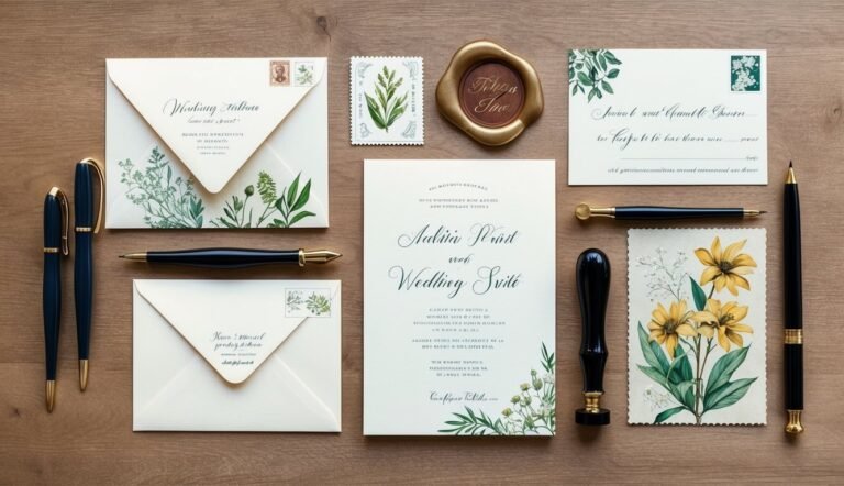 Wedding invitation suite with envelopes, pens, wax seal, and floral accents on wood
