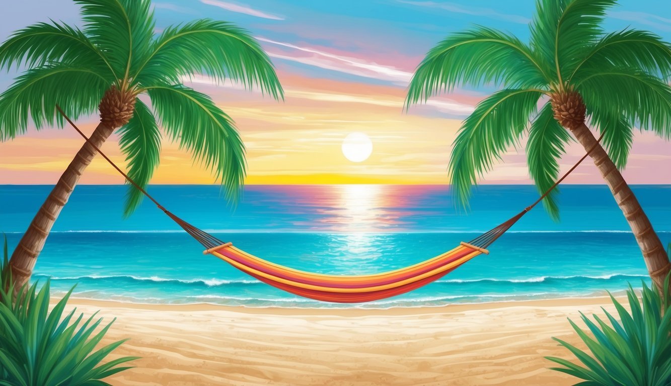 A serene beach with a hammock strung between two palm trees, overlooking a crystal-clear ocean and a colorful sunset