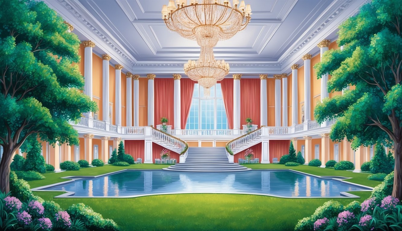 An elegant ballroom with high ceilings, chandeliers, and a grand staircase, surrounded by lush gardens and a serene lake