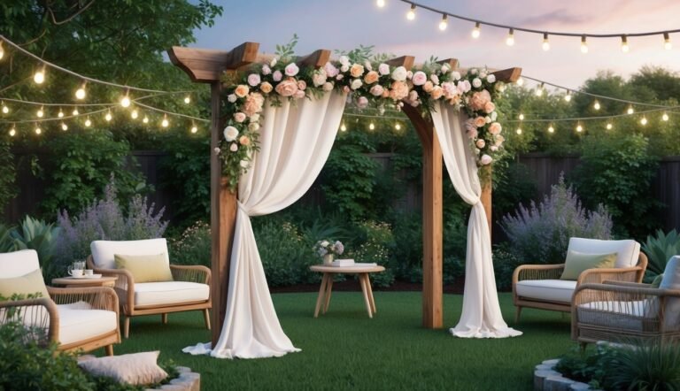 Wooden wedding arch with flowers, draped fabric, and string lights in a garden