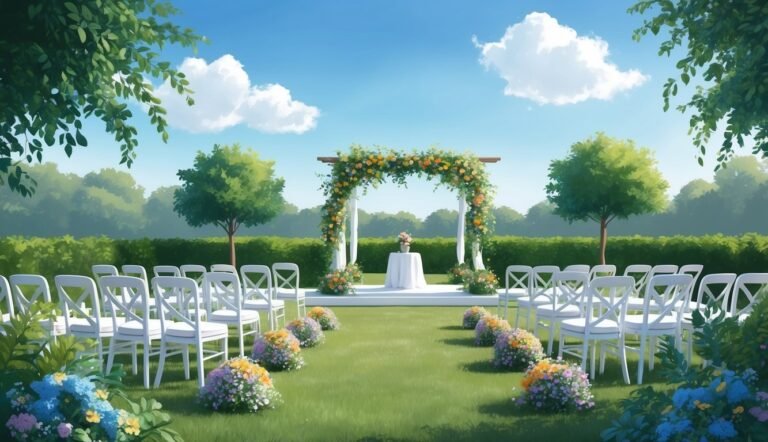 Outdoor wedding ceremony setup with floral arch, chairs, and green lawn