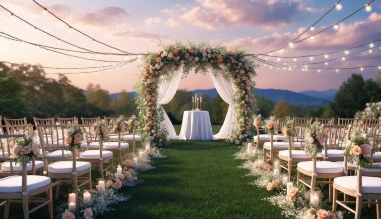 Outdoor wedding ceremony setup with floral arch, chairs, and string lights
