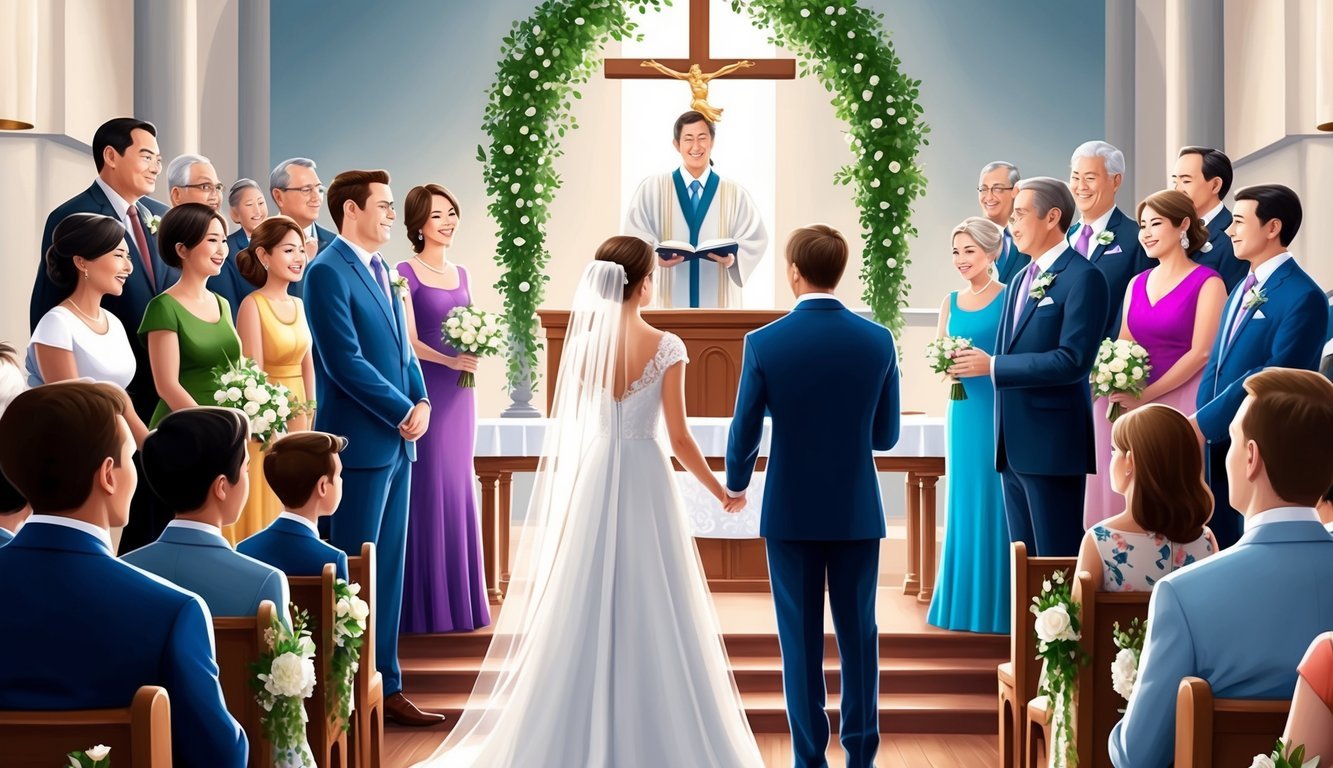 A couple stands at the altar, surrounded by family and friends.</p><p>The sound of meaningful music fills the air, adding to the love and joy of the wedding ceremony