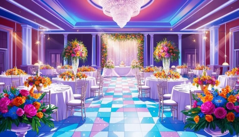 Elegant wedding reception hall with tables, flowers, and a chandelier