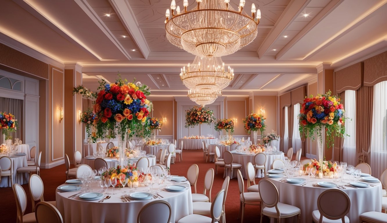 A beautifully decorated wedding venue with colorful flowers, twinkling lights, and elegant table settings, creating a warm and joyful atmosphere for the guests