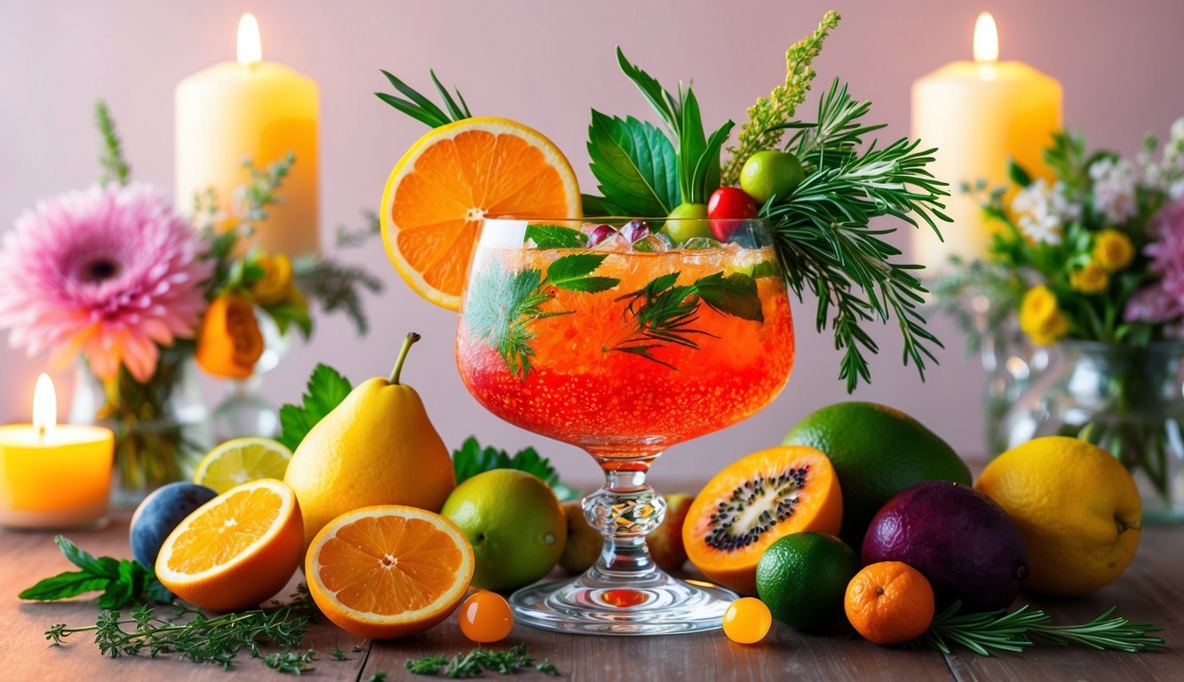 A colorful array of fresh fruits and herbs arranged around a crystal clear glass filled with a vibrant, bubbling cocktail, set against a backdrop of soft candlelight and delicate floral arrangements