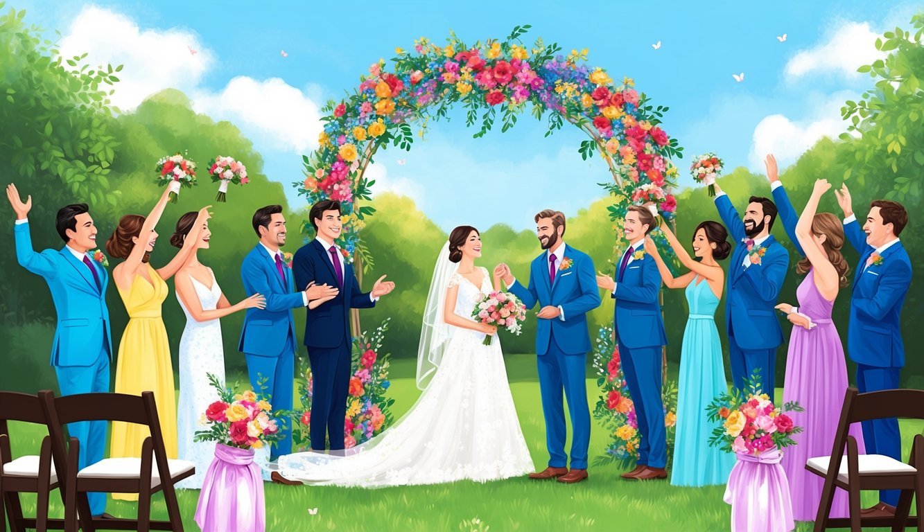 A colorful outdoor wedding ceremony with a beautiful arch, blooming flowers, and joyful guests celebrating the newlyweds' love