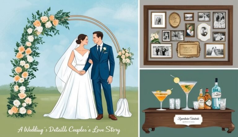 Wedding illustration with couple, framed photos, and cocktails on a bar