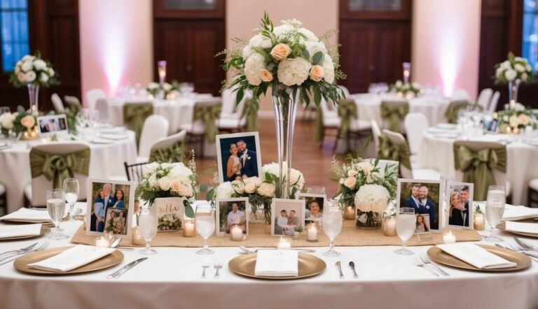Wedding reception table setting with floral centerpieces and framed photos