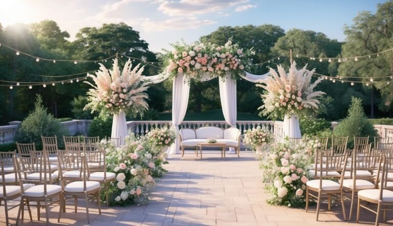 Outdoor wedding ceremony setup with floral arch, chairs, and decorations
