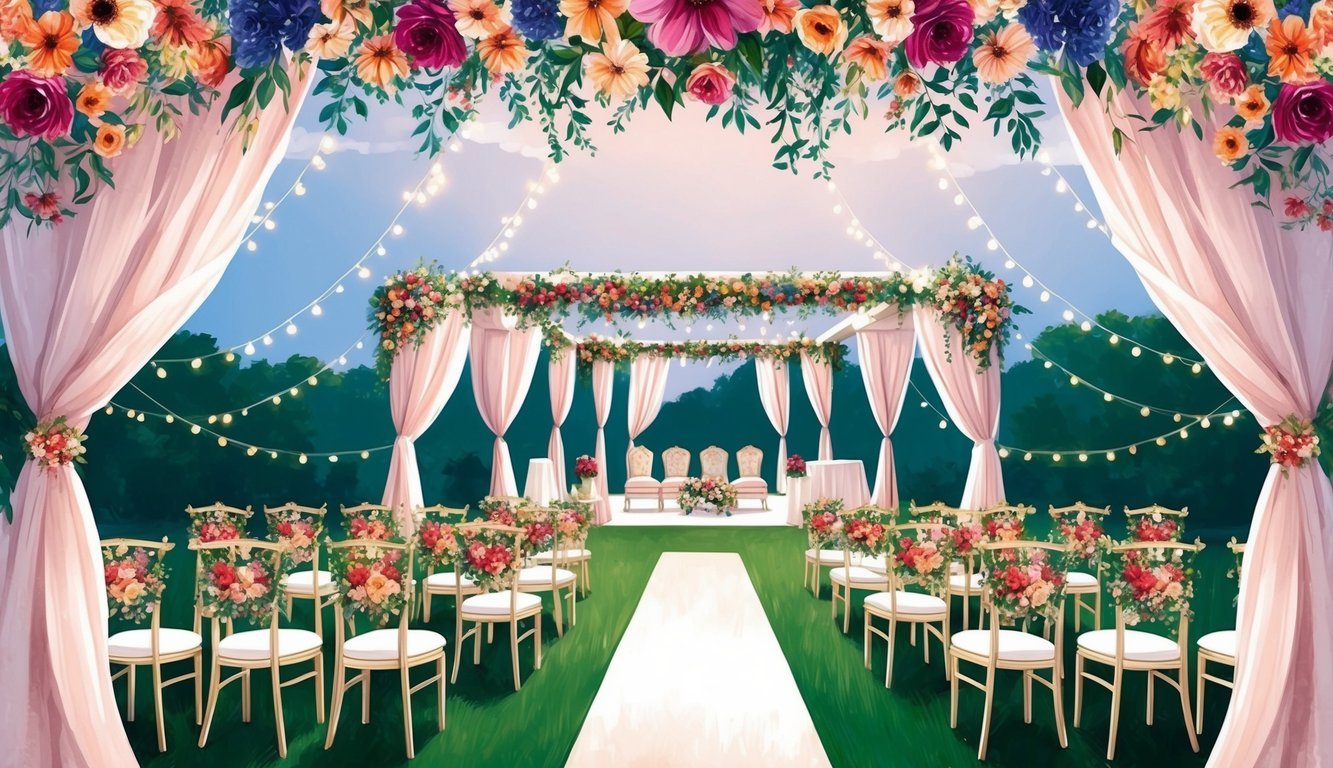 A beautiful outdoor wedding venue with colorful flowers, flowing drapery, twinkling lights, and elegant seating arrangements