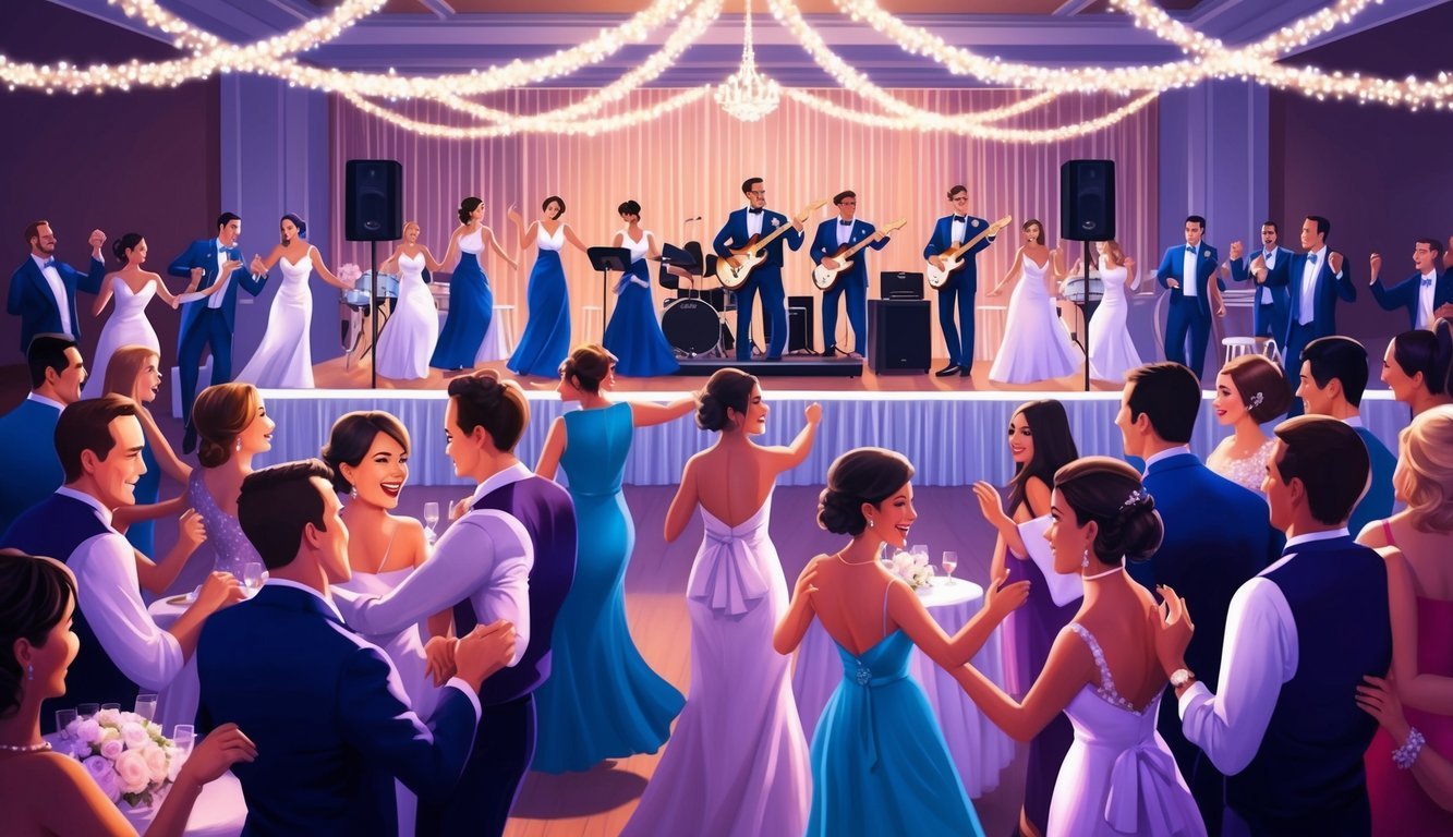 A lively wedding reception with a live band performing on stage, surrounded by dancing guests and twinkling lights