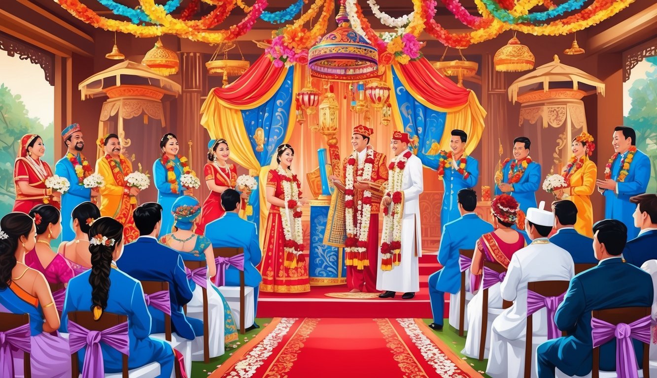 A vibrant wedding ceremony with traditional cultural elements, such as colorful decorations, symbolic rituals, and festive music, creating an unforgettable atmosphere