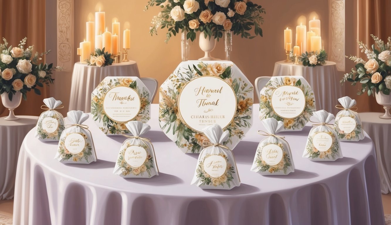 A table adorned with personalized wedding favors, surrounded by elegant decor and soft lighting, creating an atmosphere of warmth and gratitude