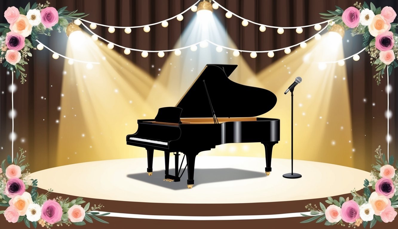 A stage is set with twinkling lights and a grand piano.</p><p>Floral arrangements adorn the edges, and a microphone stands at the center, ready for a surprise performance