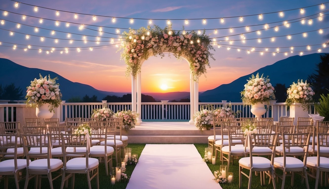 A romantic outdoor wedding venue with fairy lights, elegant floral arrangements, and a picturesque sunset backdrop