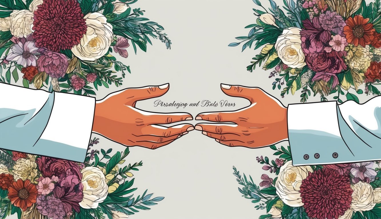 A bride and groom's hands exchanging personalized wedding vows, surrounded by intricate floral arrangements and personalized decor