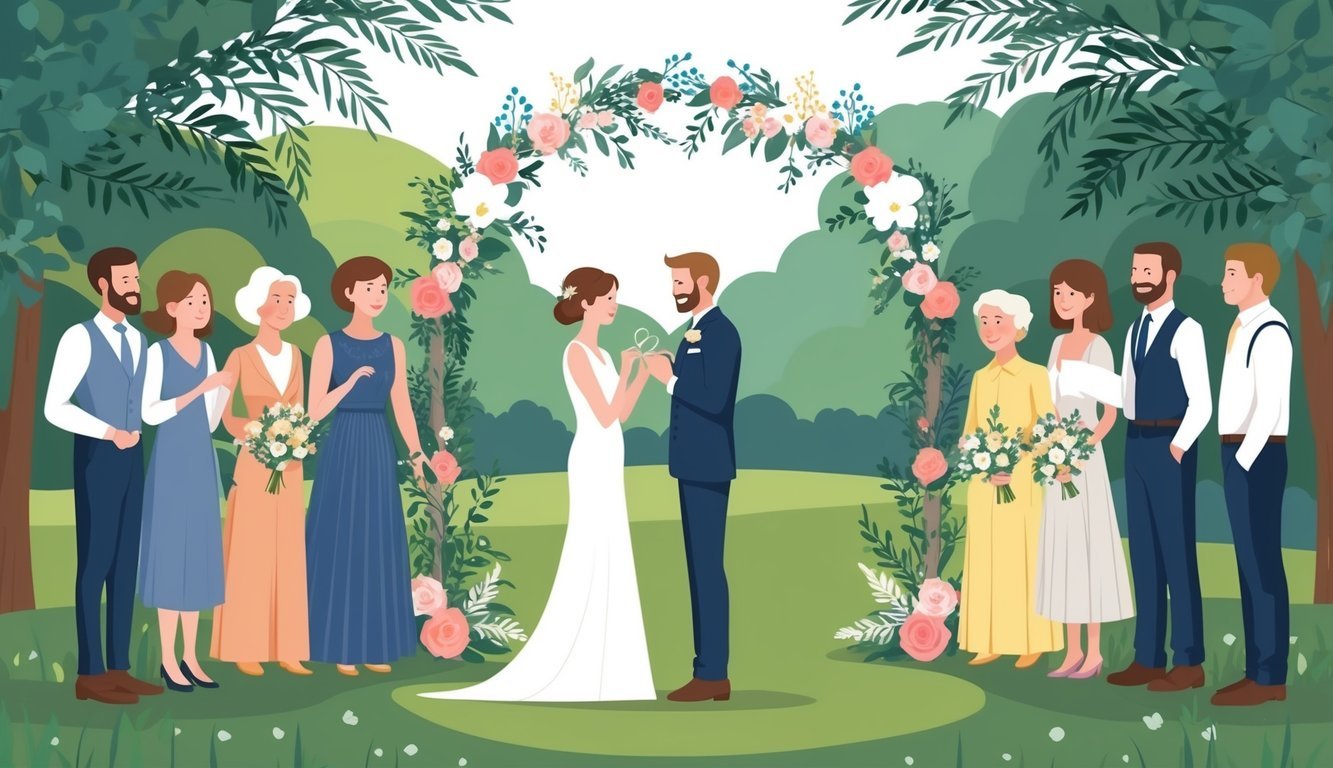 A couple exchanging rings under a floral arch, surrounded by family and friends in a serene outdoor setting