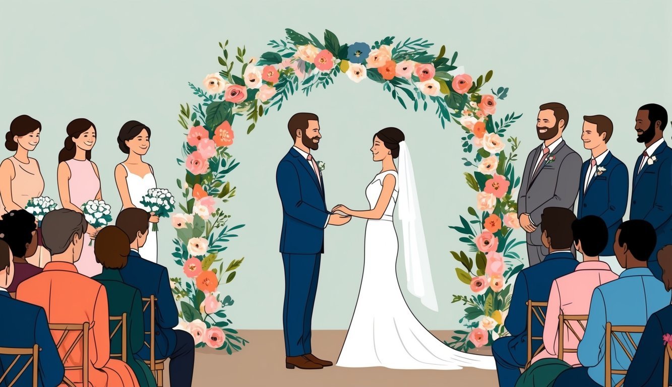 A couple standing under a floral arch exchanging personalized vows in front of their family and friends