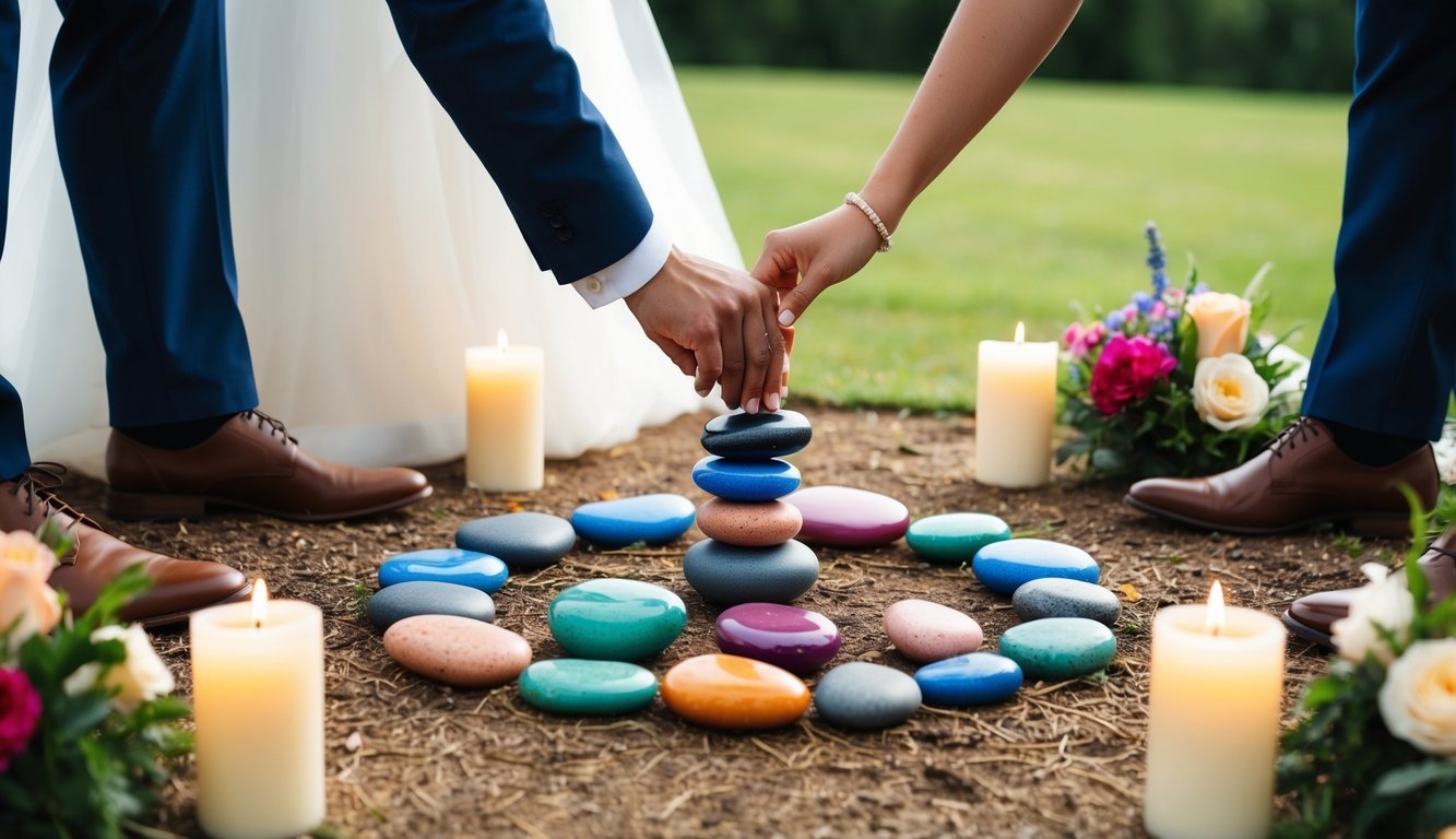 A couple places colorful stones in a circle on the ground, surrounded by flowers and candles, as part of a wedding ceremony