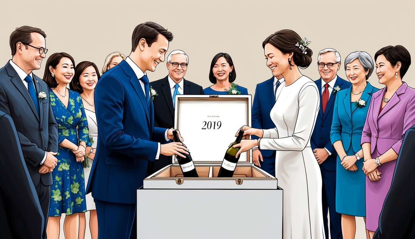 A couple stands before an open wine box, each placing a bottle inside, symbolizing their shared future.</p><p>Surrounding them are family and friends, witnessing the meaningful ceremony