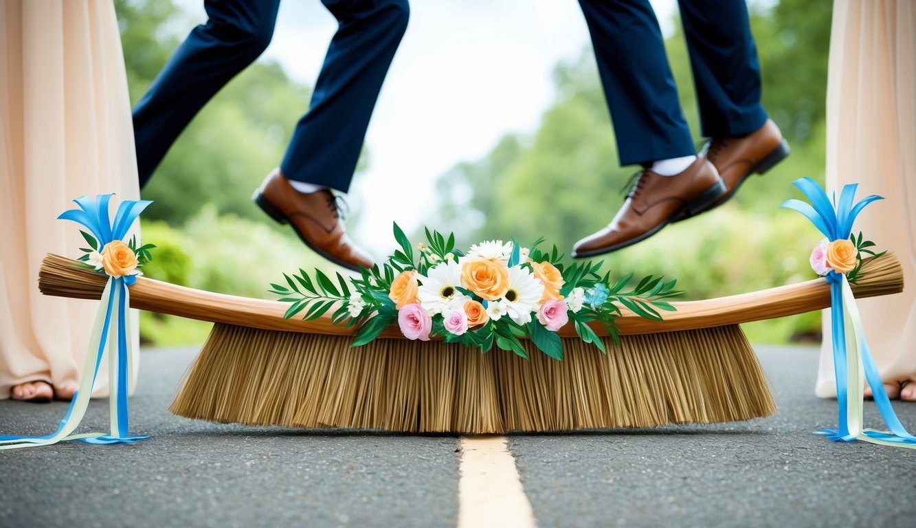 A broom adorned with flowers and ribbons is placed on the ground, ready for the couple to jump over as part of their wedding ceremony