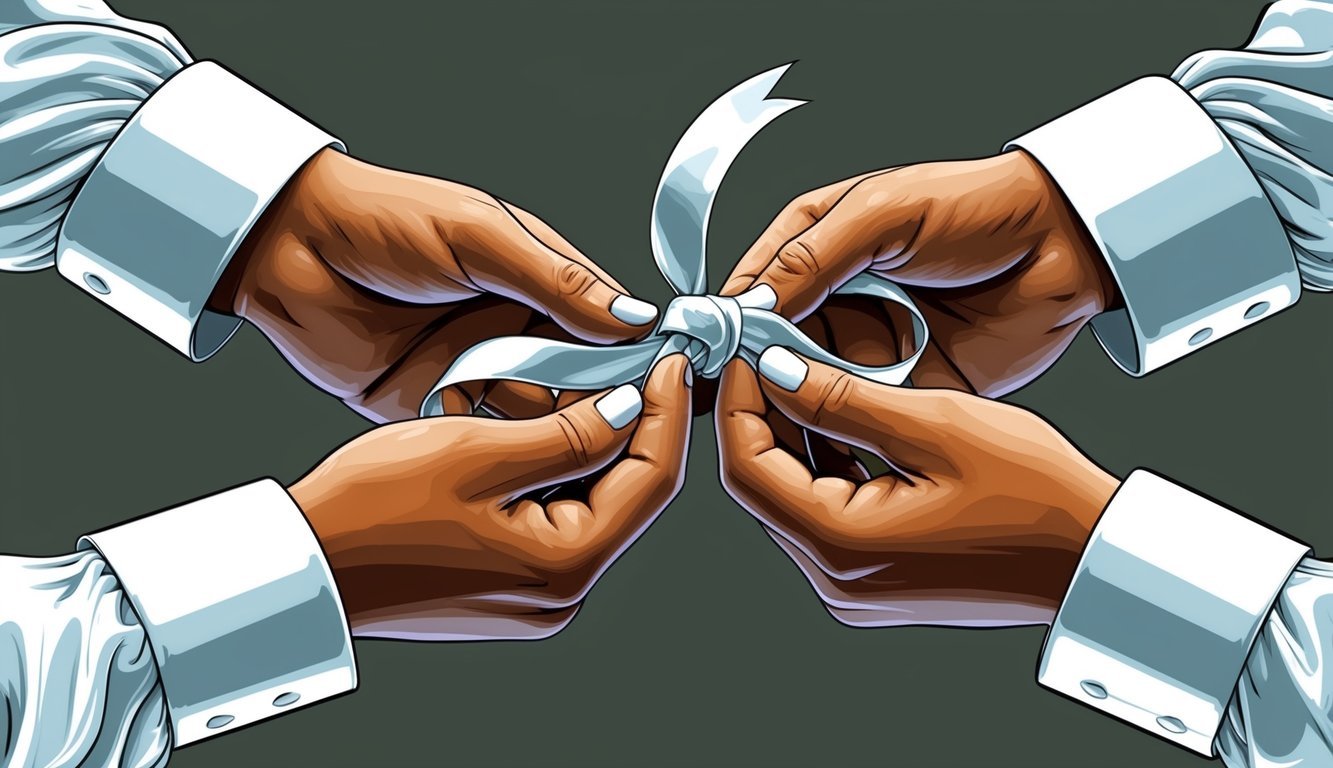 A pair of hands gracefully tying a knot with a ribbon, symbolizing the unity and commitment of a wedding ceremony