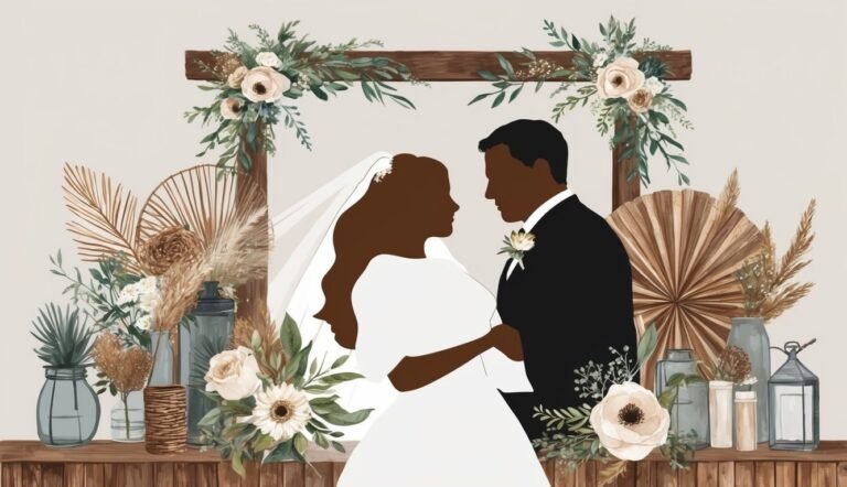 Illustration of a Black couple at a wedding ceremony with floral arch
