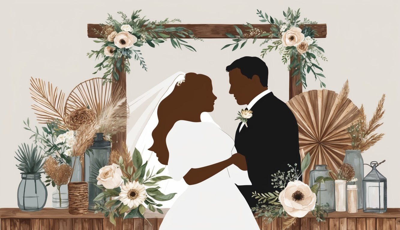 A bride and groom's silhouettes surrounded by a blend of rustic and modern wedding decor, reflecting their unique personalities