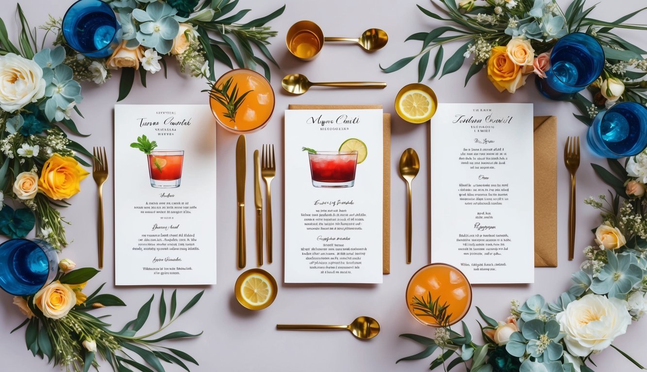 A table set with two unique cocktail recipes surrounded by wedding decor reflecting the personalities of the couple