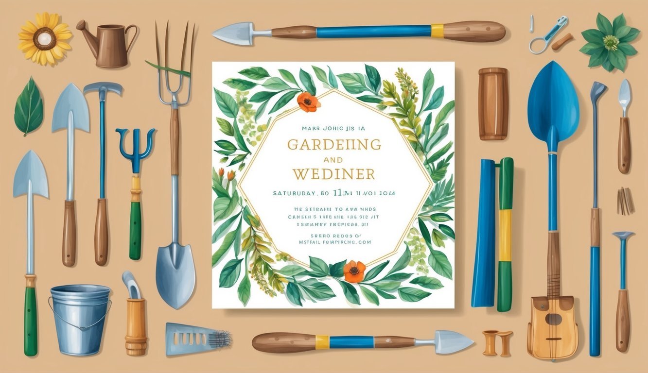 A wedding invitation design featuring elements of both partners' hobbies, such as gardening tools and musical instruments arranged in a harmonious composition