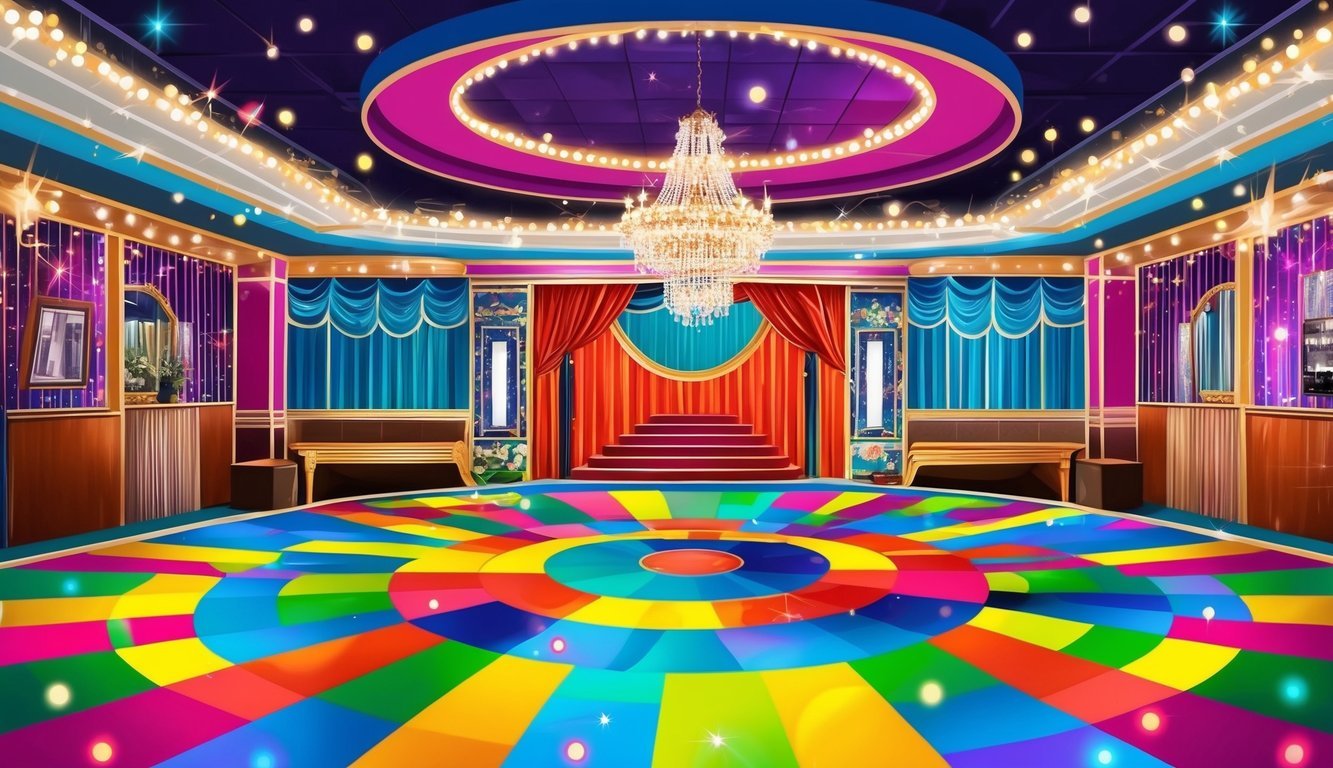 A colorful dance floor with a mix of modern and vintage decor, surrounded by twinkling lights and filled with joyful energy