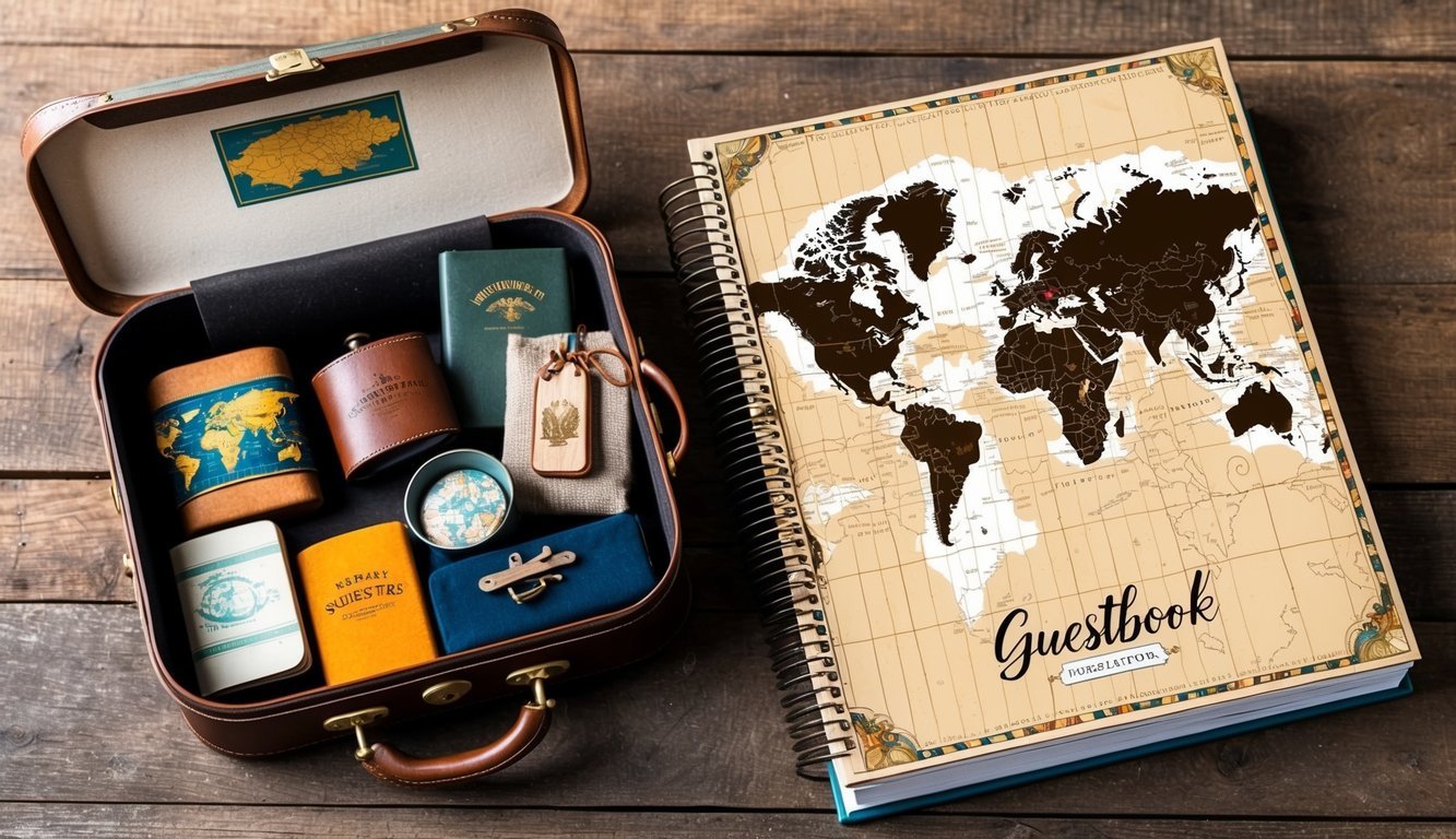 A vintage suitcase filled with travel souvenirs and a guestbook adorned with world map motifs sits on a rustic wooden table