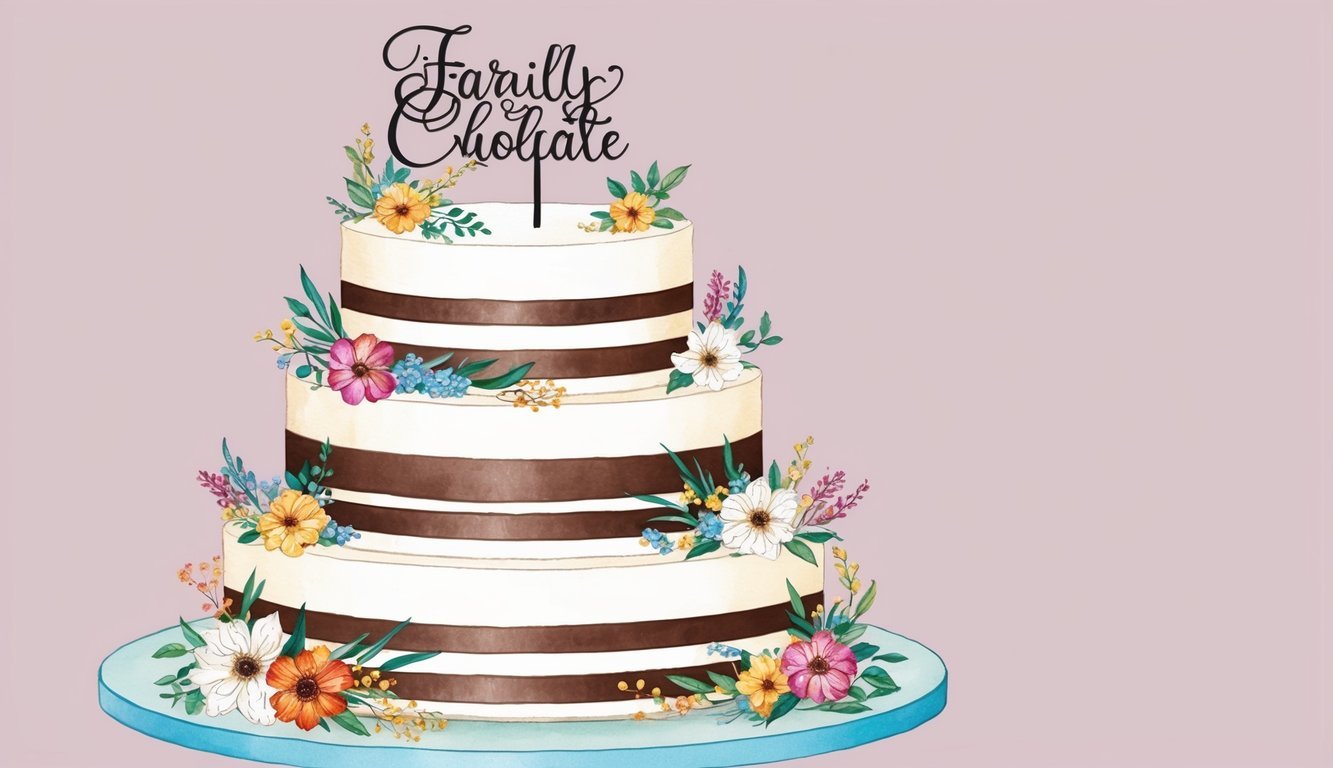 A two-tiered wedding cake with alternating layers of vanilla and chocolate, adorned with colorful floral decorations and personalized cake topper