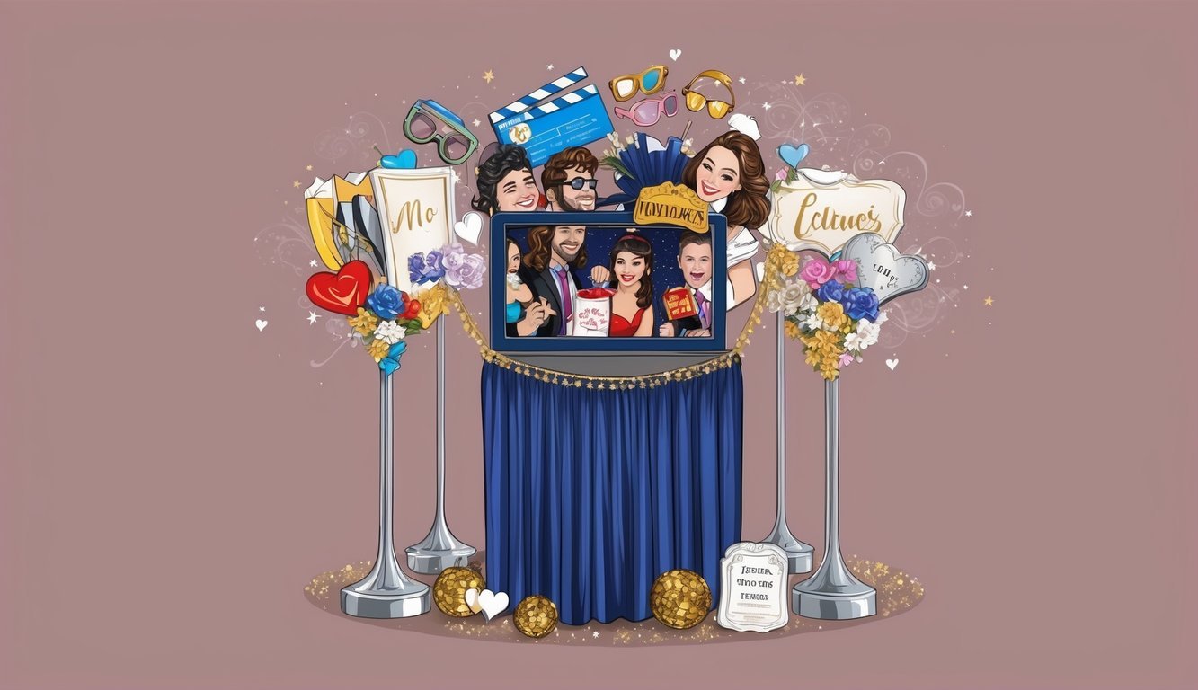 A photo booth filled with movie props, surrounded by wedding decor reflecting the couple's personalities