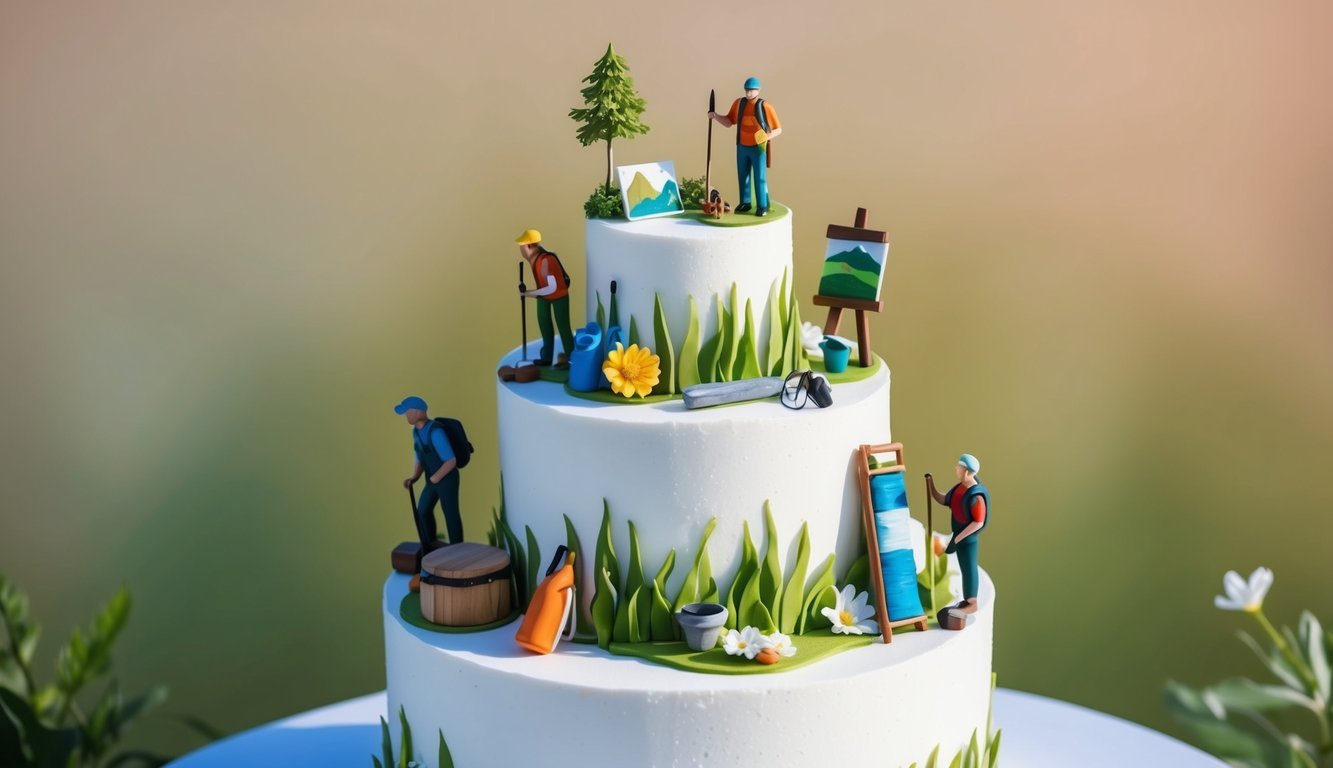 A wedding cake adorned with miniature replicas of the couple's favorite hobbies, such as hiking, painting, and gardening