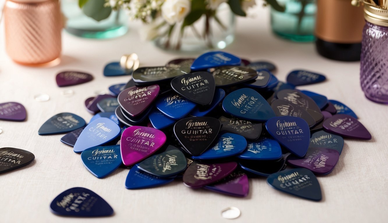 A pile of custom guitar picks scattered on a table, surrounded by other wedding favors and decorations