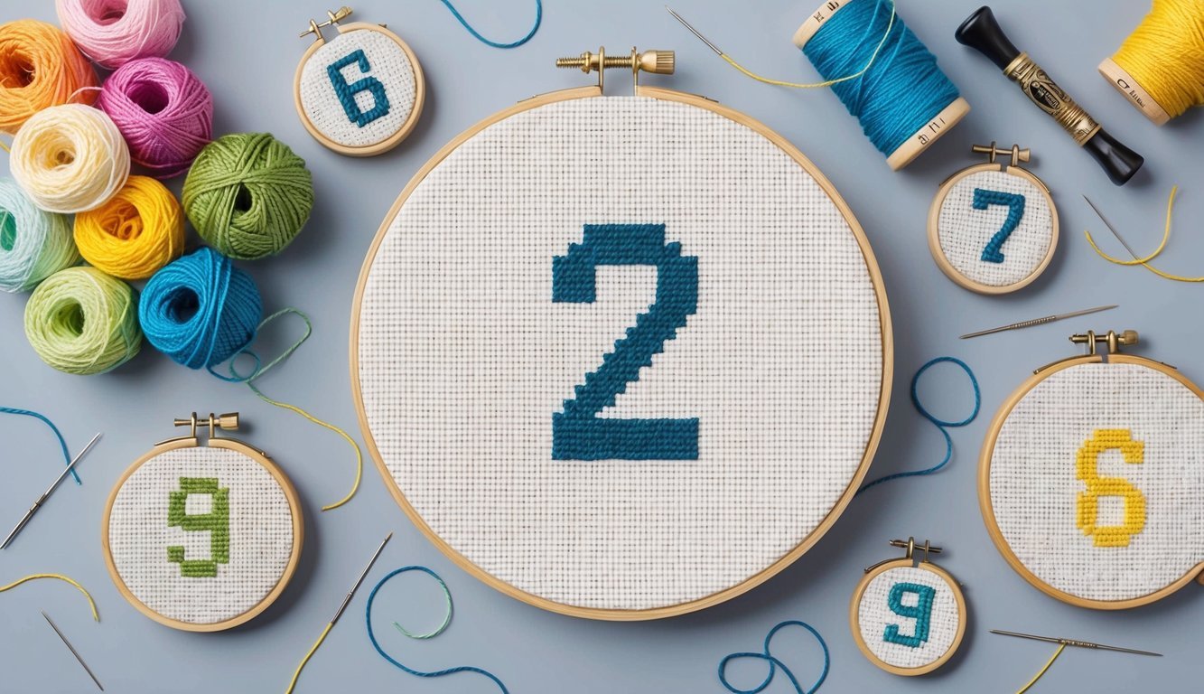 A table set with cross-stitch numbers, surrounded by colorful thread, needles, and embroidery hoops, creating a personalized touch for a wedding reception