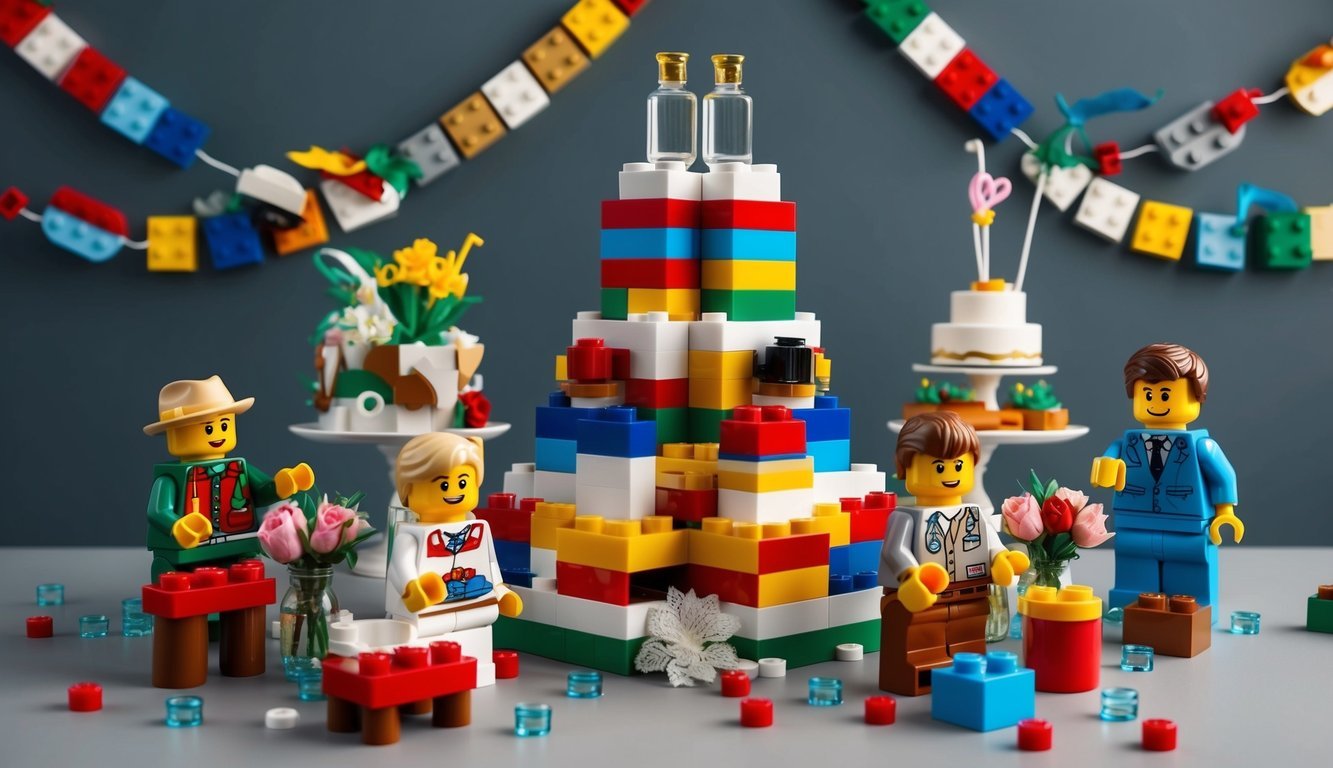 A Lego centerpiece with wedding elements, surrounded by hobby-themed decorations