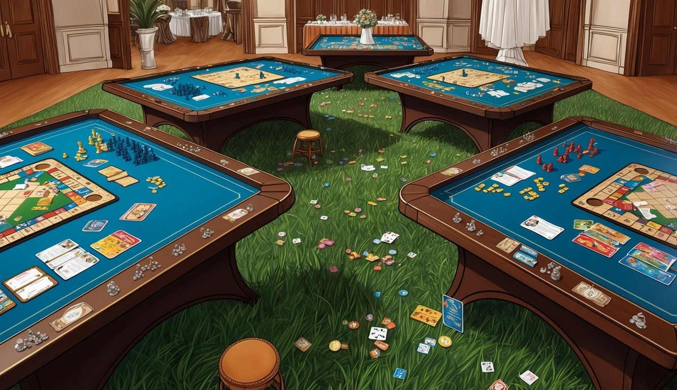 A group of board game tables set up at a wedding reception, with various game pieces and cards scattered across the surfaces