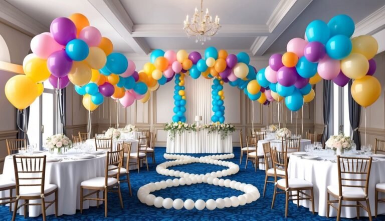 Decorated banquet hall with colorful balloons, tables, chairs, and a balloon arch