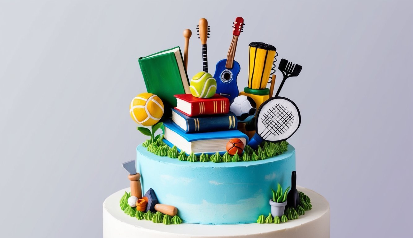 A hand-painted cake topper featuring elements of various hobbies, such as books, sports equipment, musical instruments, and gardening tools, arranged in a creative and visually appealing manner