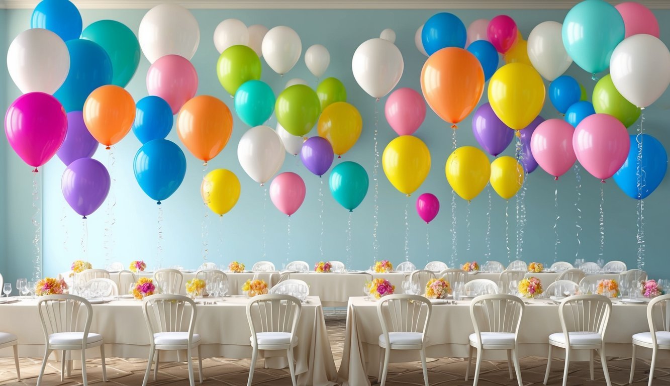 Colorful balloons arranged in various heights and sizes, adorning tables and floating above, creating a whimsical and festive atmosphere for a wedding celebration